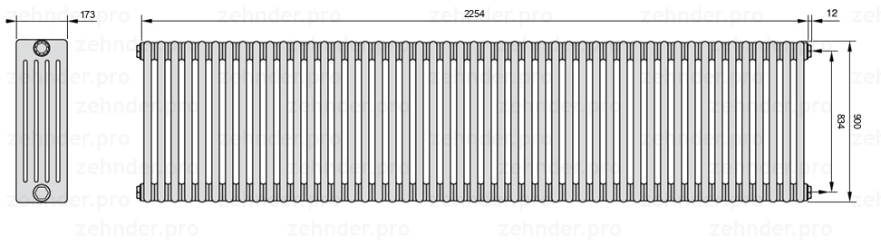 Схема (чертеж) Радиатор Zehnder Charleston 5090/49 №7610 Белый глянцевый RAL 9016